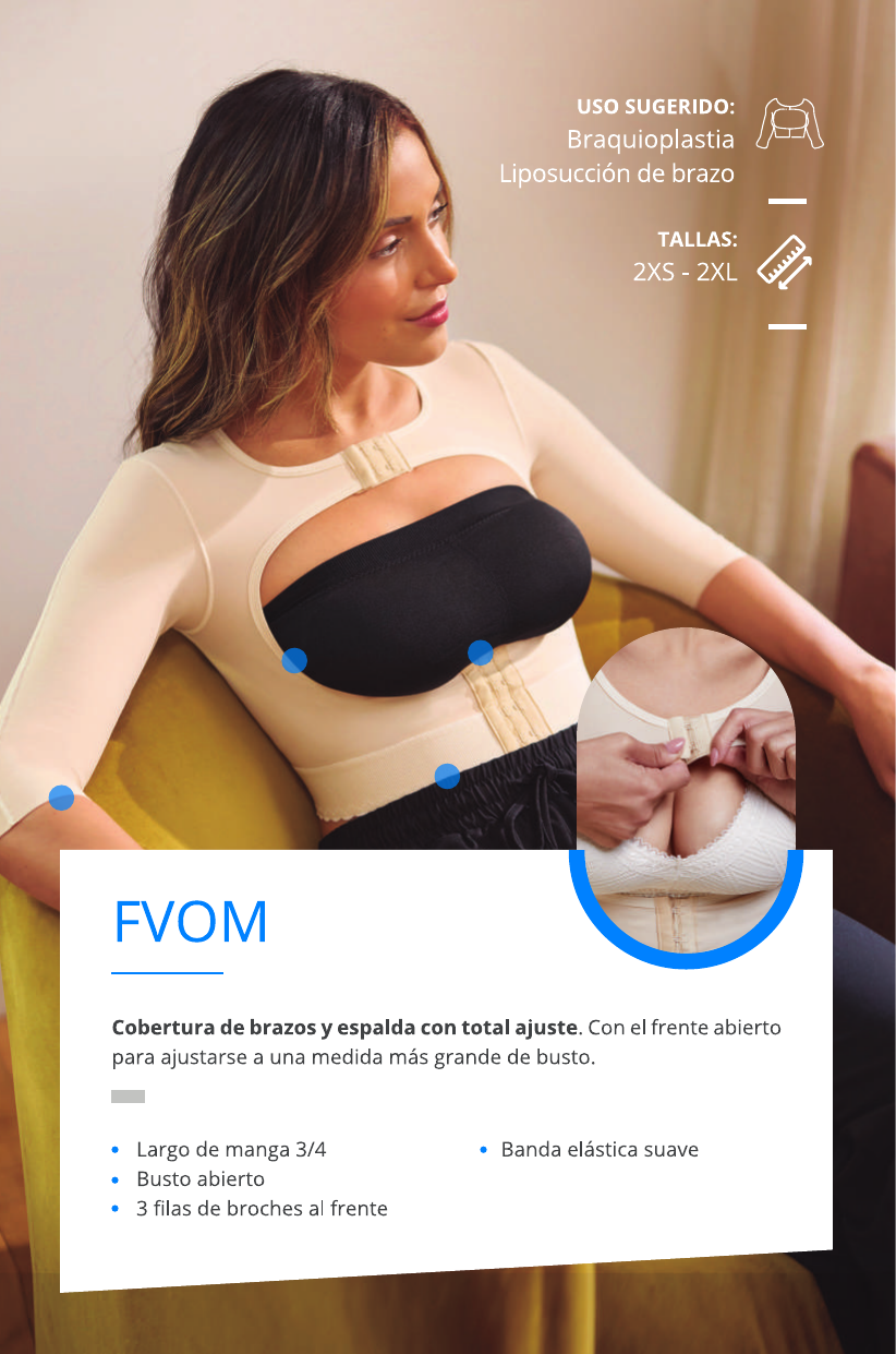 Chaleco post operatorio con mangas 3/4 y busto abierto, braquioplastia y liposucción de brazo