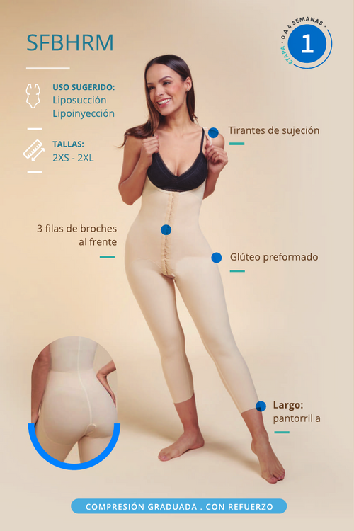 Faja Post Operatoria Hasta la Pantorrilla Con Tirantes y Broches, Primera Etapa