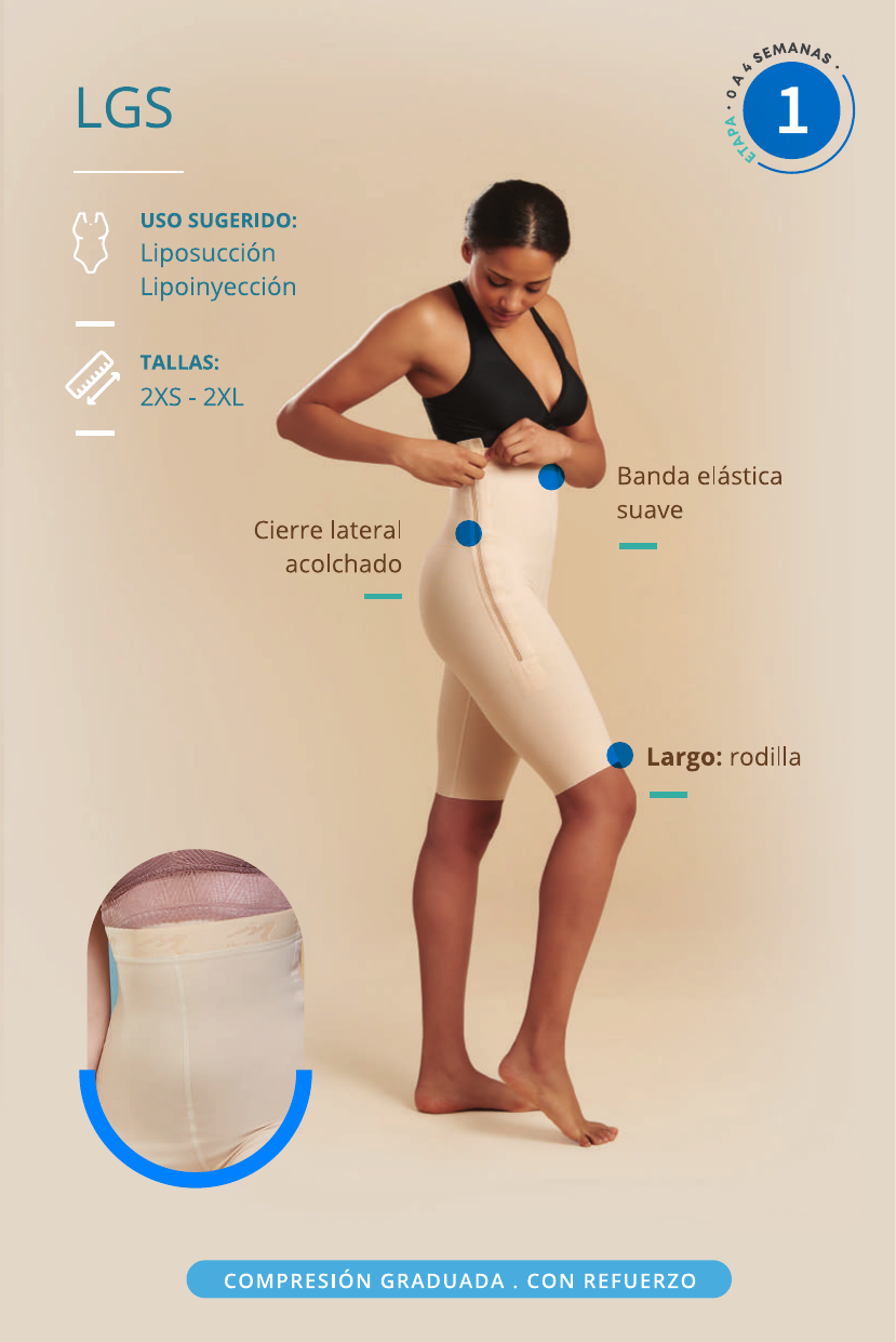 Faja post operatoria femenina a la rodilla, abdominoplastía, liposucción